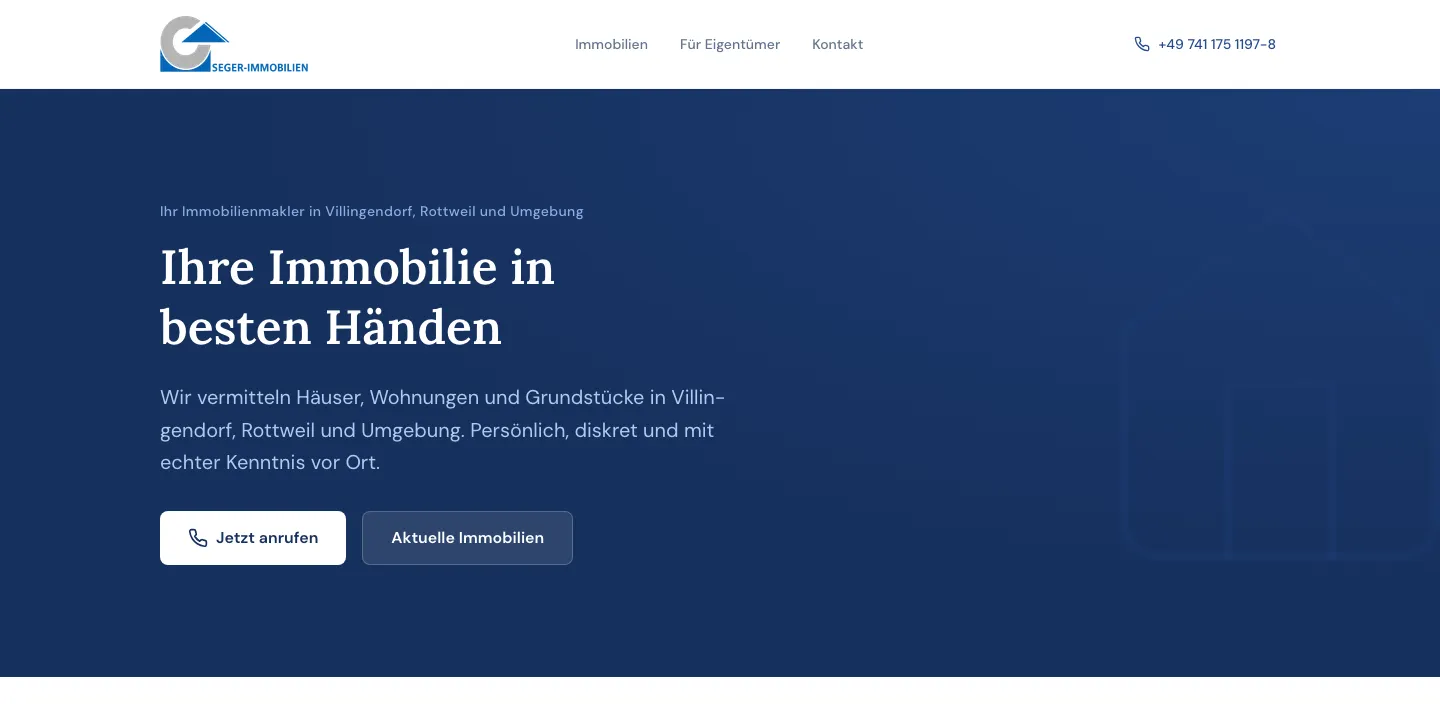 Startseite der Website von Seger Immobilien auf dem Desktop